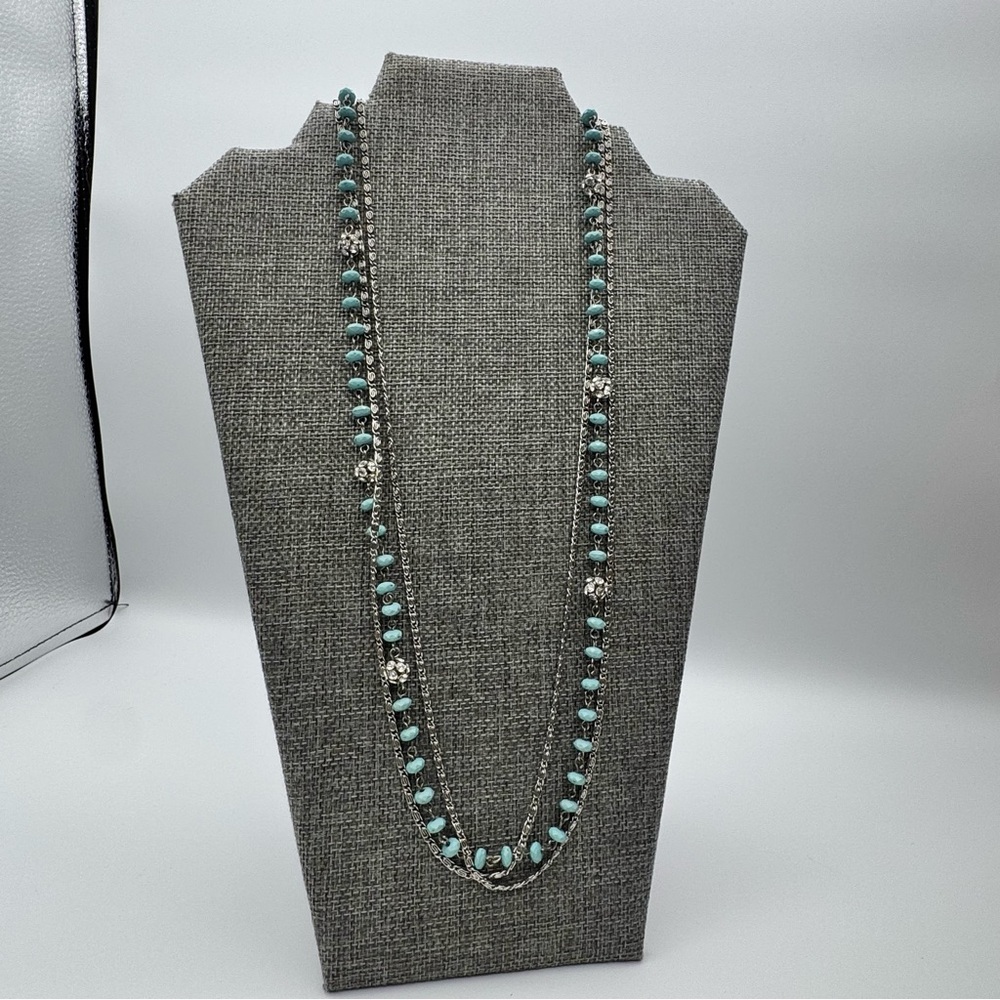 Turquoise Multi-strand Boho Necklace Silver Toned Chains 28” - Picture 2 of 11